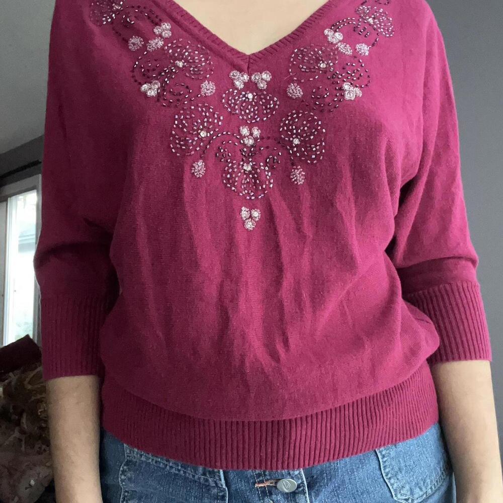 Burgundy sweater with beaded neckline